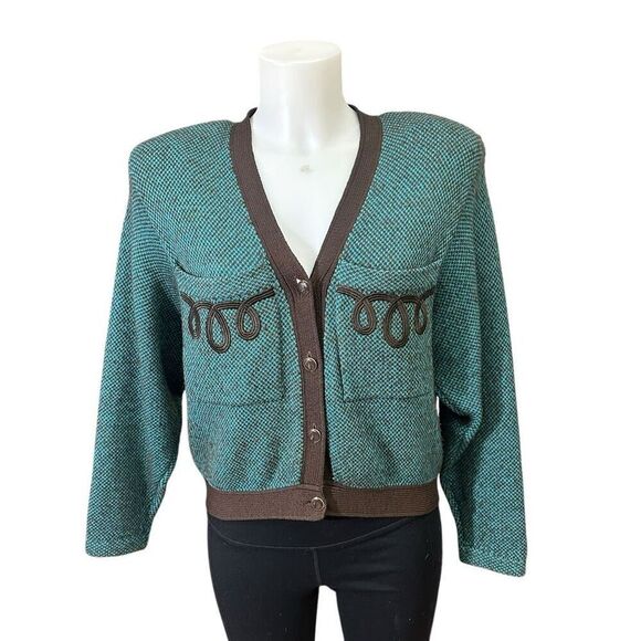 St. John Vintage 1970s V-Neck Green Brown‎ Buttoned Knit Sweater Cardigan Sz 12 - Picture 1 of 9